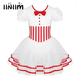 Stage Wear Kids Girls Christmas Ballet Lyrical Dance Costume Puff Sleeves Striped Waist Figure Skating Dress Snap Twirling Leotard