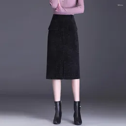 Skirts Autumn Winter Zipper High Waisted Tweed Bodycon Black Pencil Skirt Women Elegant Chic Slim Fit Casual Long Lady 4XL 7750