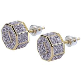 Shining White Zircon Hip Hop Octagon Stud Earrings Screw Back Gold Plated Earrings Vintage Geometric Jewelry289y