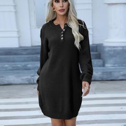 Casual Dresses Knit Tops Solid Button Medium Length Woollen Dress Sweaters Women'S Autumn And Winter European American Knitwear Jerseis