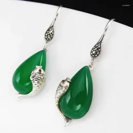 Dangle Earrings FNJ 925 Silver Fish For Women Jewellery Original Pure S925 Sterling Drop Earring Green Agate Red Zircon