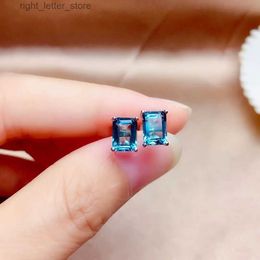 Stud New Natural London Blue Topaz Stud Earrings Stone 5*7mm925 Silver Plated Platinum Princess Cut Simple YQ231211