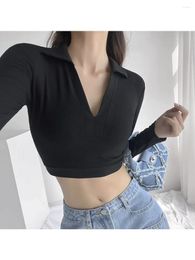 Women's T Shirts Solid Colour Y2k Casual Shirt Women Tops Sexy Simple Style Party Club 2023 Spring Autumn Long Sleeves Lapel Crop Top