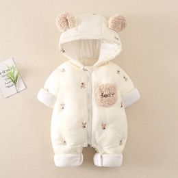 Rompers AYNIGIELL Winter Baby Jumpsuit Thick Warm Infant Hooded Inside Fleece Born Boy Girl Overalls Outerwear Sets 231211