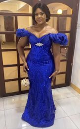 2023 Sexy Prom Dresses Mermaid Luxurious Off Shoulder Sequined Lace Appliques Crystal Beaded Ruffles Royal Blue Plus Size Tulle Evening Gowns