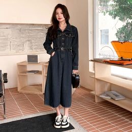 Casual Dresses Long Sleeve Lapel Slim Denim Shirt Drress With Belt 2023 Spring Autumn Women Vintage Elegant Tassel Pocket 2252