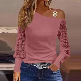 Women's Blouses 3XL Fashion Woman Blouse Spring Chain Lace Decor Lantern Sleeve Tops Solid Colour Casual Cold Shoulder Long Shirt 2024