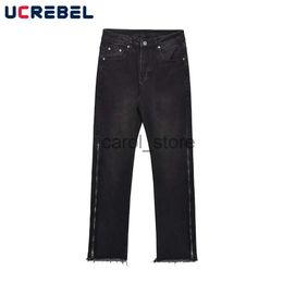 Men's Pants High Street Washed Black Denim Pants Mens Side Zipper Casual Straight-leg Pants Men Trousers J231208