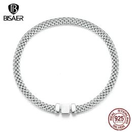 Chain BISAER 100% 925 Sterling Silver Classic Square Buckle Bracelet Retro Braided Chain Link for Women Platinum Plated Fine Jewellery 231208