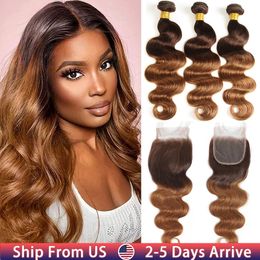 Synthetic Wigs Ombre Body Wave Bundles With Closure Brazilian Human Hair Weave Bundles With Closure T4/30 Coloured Bundles With Lace Closure 231211