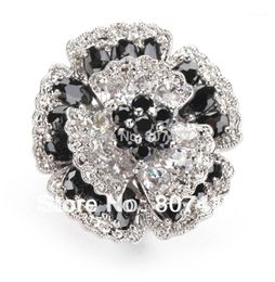 SHUNXUNZE big engagement Wedding flower Rings jewelry for women Black and White Cubic Zirconia Rhodium Plated R917 size 61315138681