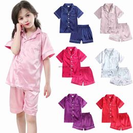 Pajamas 6M-11Y Baby Girls Boys Pajamas Set Satin Silk Kids Short Sleeves Sleepwear Pjs 2 Pieces Button Down Classic Loungewear ShortsL231211