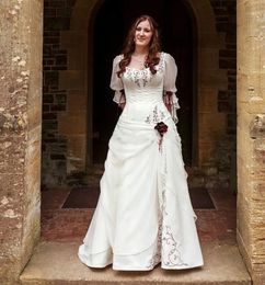 Fantastically Ivory A Line Victorian Wedding Dresses With Burgundy Embroidery Lace-Up Corset Celtic Wedding Gown For Bride Half Sleeves Vintage Vestido de Novia