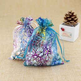 100 Pcs Blue Coral Fashion Organza Jewelry Gift Pouch Bags 7x9cm Drawstring Bag Organza Gift Candy Bags DIY Gift Bags304o