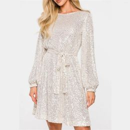 Casual Dresses 2023 Women's Sequin Dress Puff Long Sleeve Glitter Sequins Mini With Belt Fashion Temperament Elegant Evening