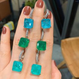 Dangle Earrings RUZZALLATI 2023 Square Cut Paraiba Tourmaline Lab Emerald High Carbon Diamond Drop For Women Dangler Jewelry Gift