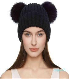 Beanie hats Bonnet High Quality Winter Beanie Hat For Women Used Double Pom Faux Fur Wasbeer Bal Cap Bobble Skull Hats Outdoor war5534808