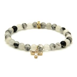 Whole Summer Womens Jewellery 6mm Black Rutilated Quartz Stone beads with Clear Zircons Loyal Cross Cz Bracelets241h