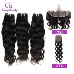 Synthetic Wigs Peruvian Natural Wave With Lace Frontal 13x4 Inches Pre-plucked 100% Human Hair 3 Bundles With 4x4/5x5 Closure Peruvian Hair 231211