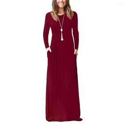 Casual Dresses Pocket Maxi Dress Elegant Ankle-length With Pleated Long Sleeve Pockets For Women Soft Breathable Solid Color Fall