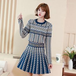 Work Dresses Runway Autumn Knit Suit Women Knitted Sweaters 2 Piece Set Vintage Geometric Jacquard Pullover A-Line Skirt Two