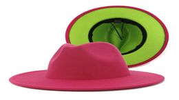 2020 New Pink and Lime Patchwork Wool Felt Fedora Hats Women Large Brim Panama Trilby Jazz Cap Derby Hat Sombrero Mujer8742774