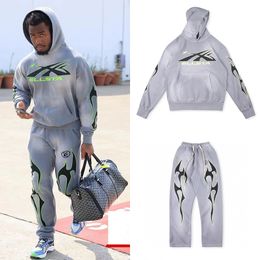 23fw Heavy Made USA Men Women Print Washed Vintage Tracksuit Set with Hooded Sweathirt and Pants Trendy Joggers Trousers Unisex Wear