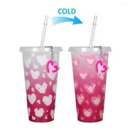 Tumblers Color-changing Juice Tumbler 710ml Colour Changing Straw Mug Set With Heart Pattern For Valentine's