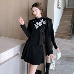 Work Dresses Elegant Black Y2K 2 Piece Dress Set Women Chinese Style Mesh Flower Tops Short Pleated Skrit Fashion Suits Female Retro Outfit