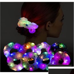 Hair Accessories Stage Wear Led Scrunchies Rave Headwear Light Up Neon Satin Ponytail Elastic Ties Luminous Glowing Hairring For Wom Dhvhj