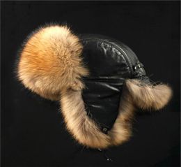 Mens Womens Real Fox Fur and real leather Hat Russian Ushanka Winter Warm Aviator Trapper Bomber Ski Earmuffs Cap9976299