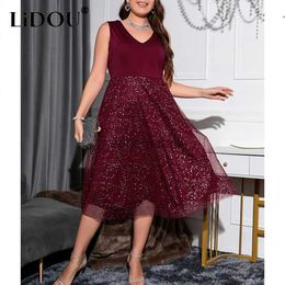 Basic Casual Dresses Summer Autumn Fashion Temperament Sexy Plus Size Party Dress Women Sleeveless Vestidos De Fiesta Gauze Sequins Female Clothes YQ231211