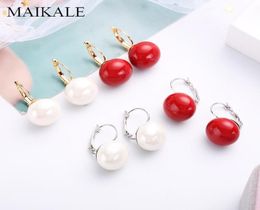 MAIKALE Simple White Red Pearl Earrings Gold Silver Colour Big Ball Earrings with Pearl Drop for Women Girl Jewellery Gift6132115