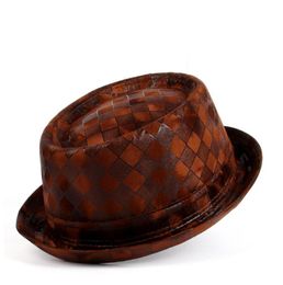Men Leather Fedora Hat Flat Pork Pie Hat For Gentleman Dad Bowler Porkpie Jazz Hat Big 4Size S M L XL 22030113981189932497