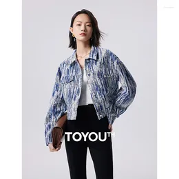 Women's Jackets Toyouth Women Denim Jacket 2023 Autumn Long Sleeve Polo Neck Loose Coat Tie Dyeing Dot Art Print Vintage Trendy Blue White