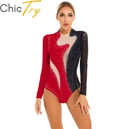 Stage Wear Womens Ballet Gymnastics Leotard Sparkling Rhinestone Sheer Mesh Long Sleeve Bodysuit For Figure Ice Skating Dance Performance