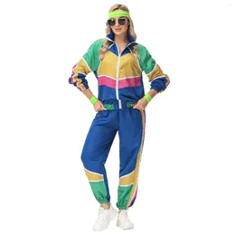 Women's Two Piece Pants Adult Women And Man 80s Retro Style Hip Hop Windbreaker Disco Tracksuit Set Colorblock Long Sleeve Tops Suit