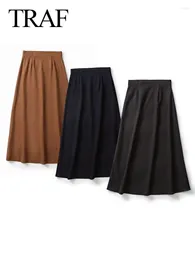 Skirts Autumn Women's Chic Casual Vintage Elegant Solid Midi Pleated Female Fashion Loose A Line Long Clothing
