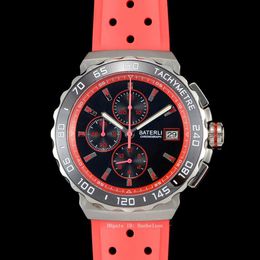 Mens Sport Watch Ceramic bezel Japan Quartz movement Chronograph Black dial Wristwatches Steel Case Red rubber strap hanbelson293A