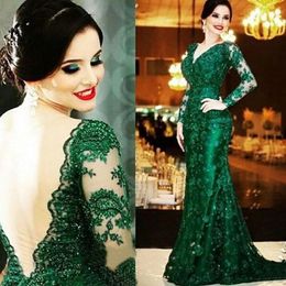 Emerald Green Lace Evening Dress Mermaid Prom Mother Of The Bride Dresses Long Sleeve See Through Back Beaded Guest Gowns YD 328