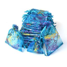 Blue Coralline Organza Drawstring Jewellery Packaging Pouches Party Candy Wedding Favour Gift Bags Design Sheer with Gilding Pattern 214I