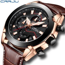 CRRJU Mens Fashion Sport Watches Men Quartz stopwatch Date Clock Male Leather Military Waterproof Watch Relogio Masculino2557