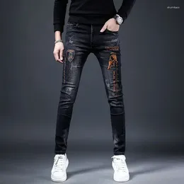 Men's Jeans Fashion Slim Fit Elastic Embroidered Casual Small Foot Straight Denim Pants Male Hip Hop Elegant Jean Trouser