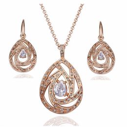 Classical 18K Rose Gold Plated Genuine Austria Crystal Pendant Necklaces Drop Earring Fashion Women Jewellery Sets234U