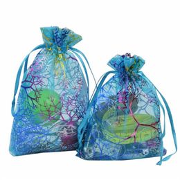 Coralline Organza Gift Bags Drawstring Jewellery Packaging Pouches Party Wedding Favour Bags Design Sheer Candy Bag with Gilding Patt235b