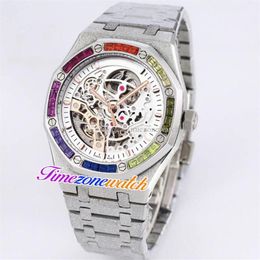 K8F 41mm Skeleton Tourbillon White Dial Automatic Mens Watch Frost Gold Case Matte Frosted Steel Bracelet Rainbow Diamond Watches 244S