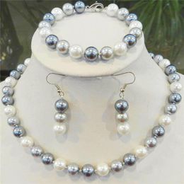 Handmade natural 10mm white black Grey multicolor south sea shell pearl necklace bracelets earrings set 2set lot fashion jewelry247T