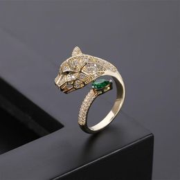 Fashion personality leopard head design gold zircon wedding ring men and women open ring fashion jewelry whole197f