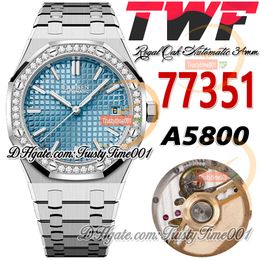 TWF 34mm 77351 A5800 Automatic Lady Watch 50th Anniversary Diamonds Bezel ICE Blue Textured Dial Stainless Bracelet Super Edition Womens Watches trustytime001