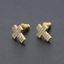 Orecchini a forma di croce con zirconi in oro 18 carati Orecchini a bottone con diamanti da donna per uomo Orecchini con diamanti ghiacciati Rapper Gioielli Regali per Bo322f